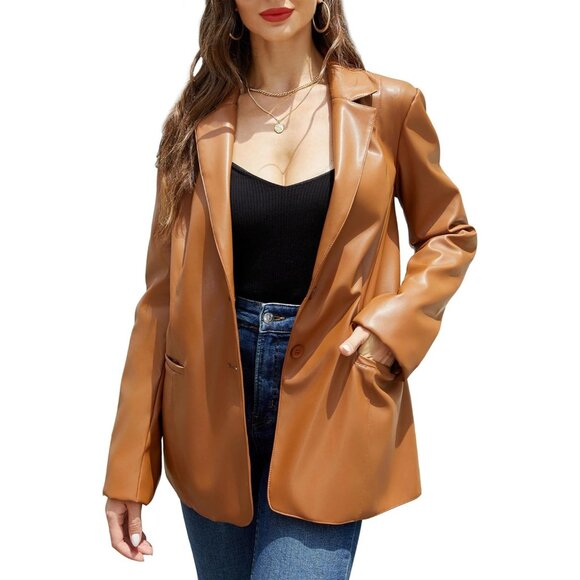 Jackets & Blazers - Women's Brown Faux Leather Blazer Jacket Soft Casual Lapel Button Down Coat